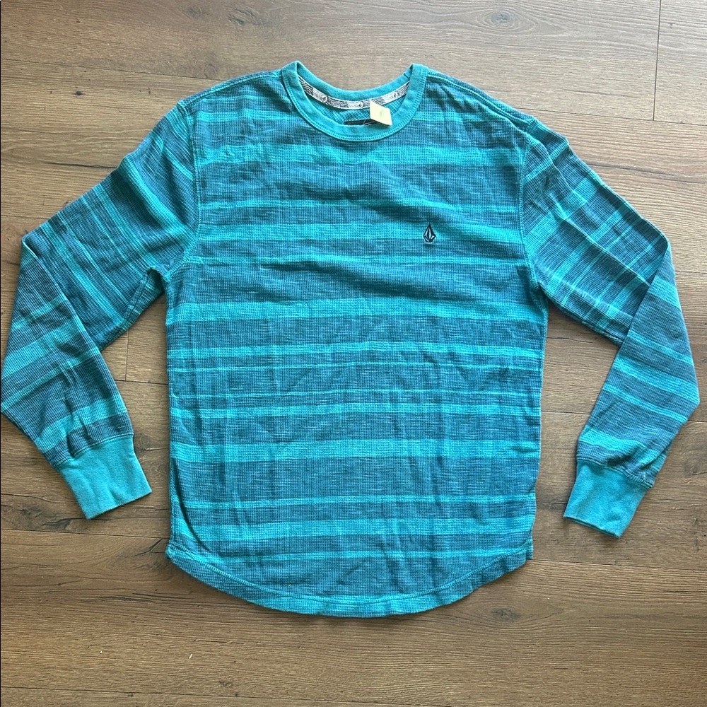 Volcom Teal and Aqua Striped Long Sleeve Crewneck !! Large